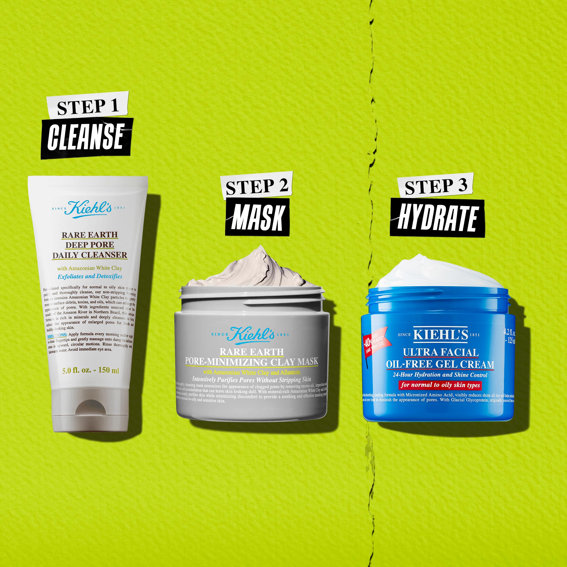 Kiehl's Rare Earth Masque: packaging pratique pour routine soin quotidien.