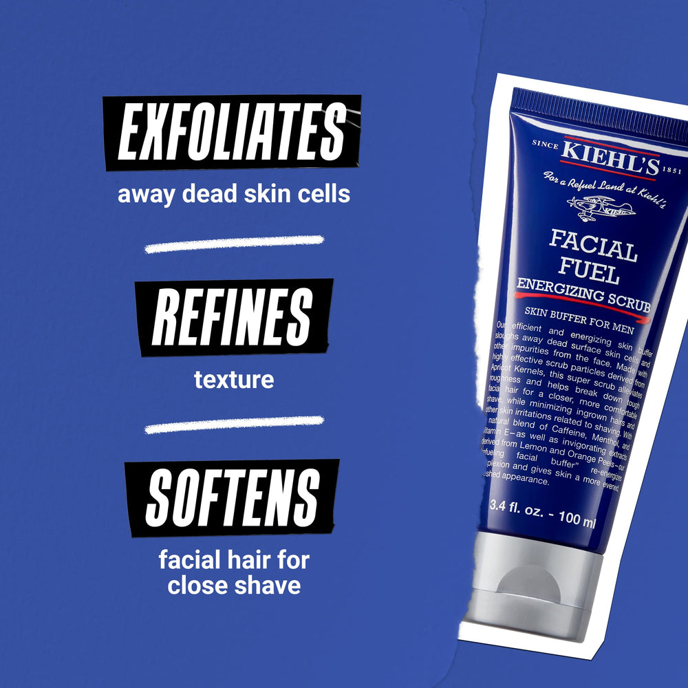 Kiehl's Scrub Visage Fuel adoucit les poils du visage pour un rasage confortable.