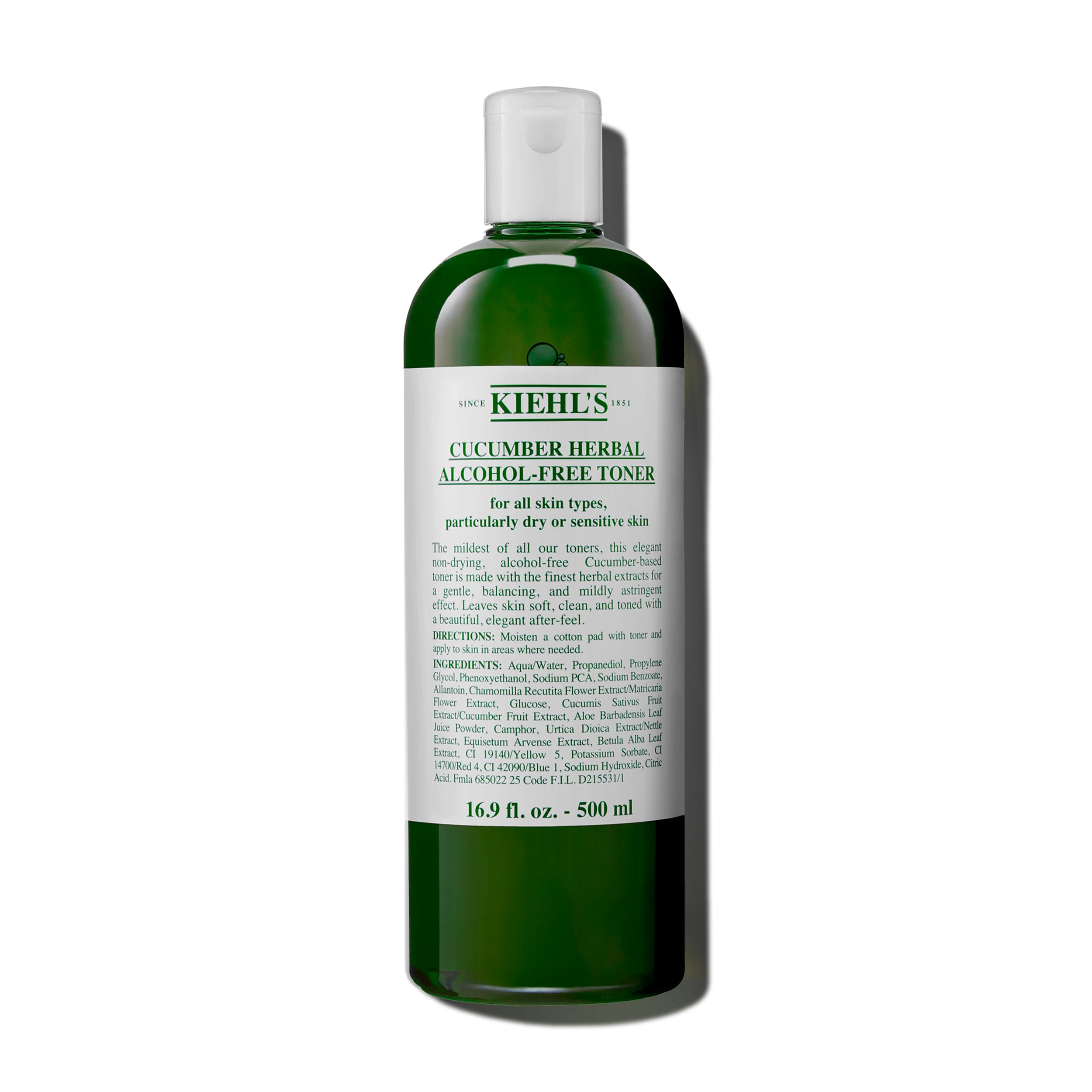 Kiehl's Tonique Concombre, bouteille 500 ml, sans alcool, adapté aux peaux sensibles.