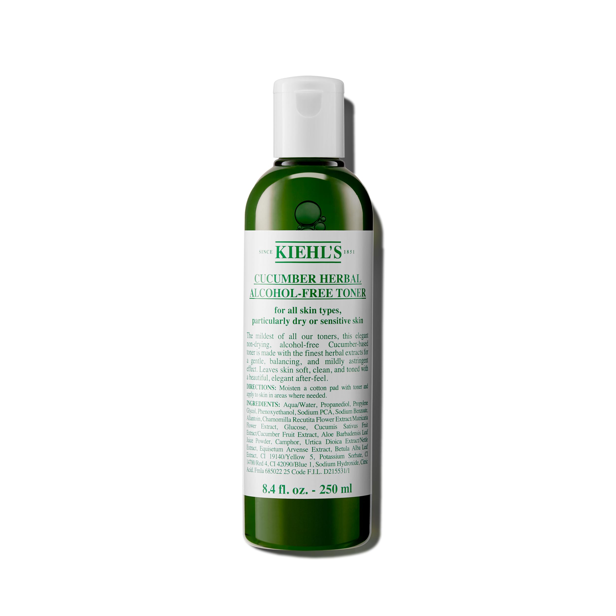 Tonique Kiehl's Concombre dans flacon, hydratant et apaisant pour peau sensible.