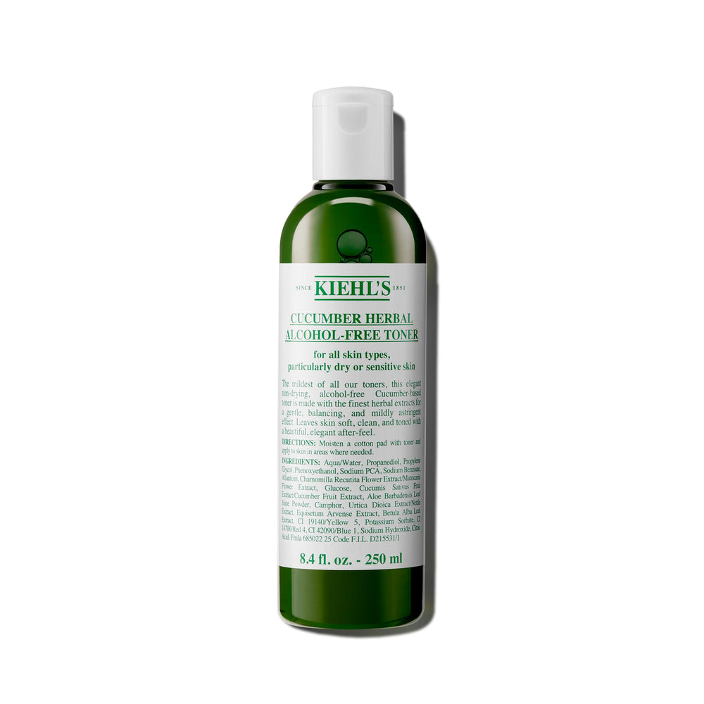 Tonique Kiehl's Concombre dans flacon, hydratant et apaisant pour peau sensible.