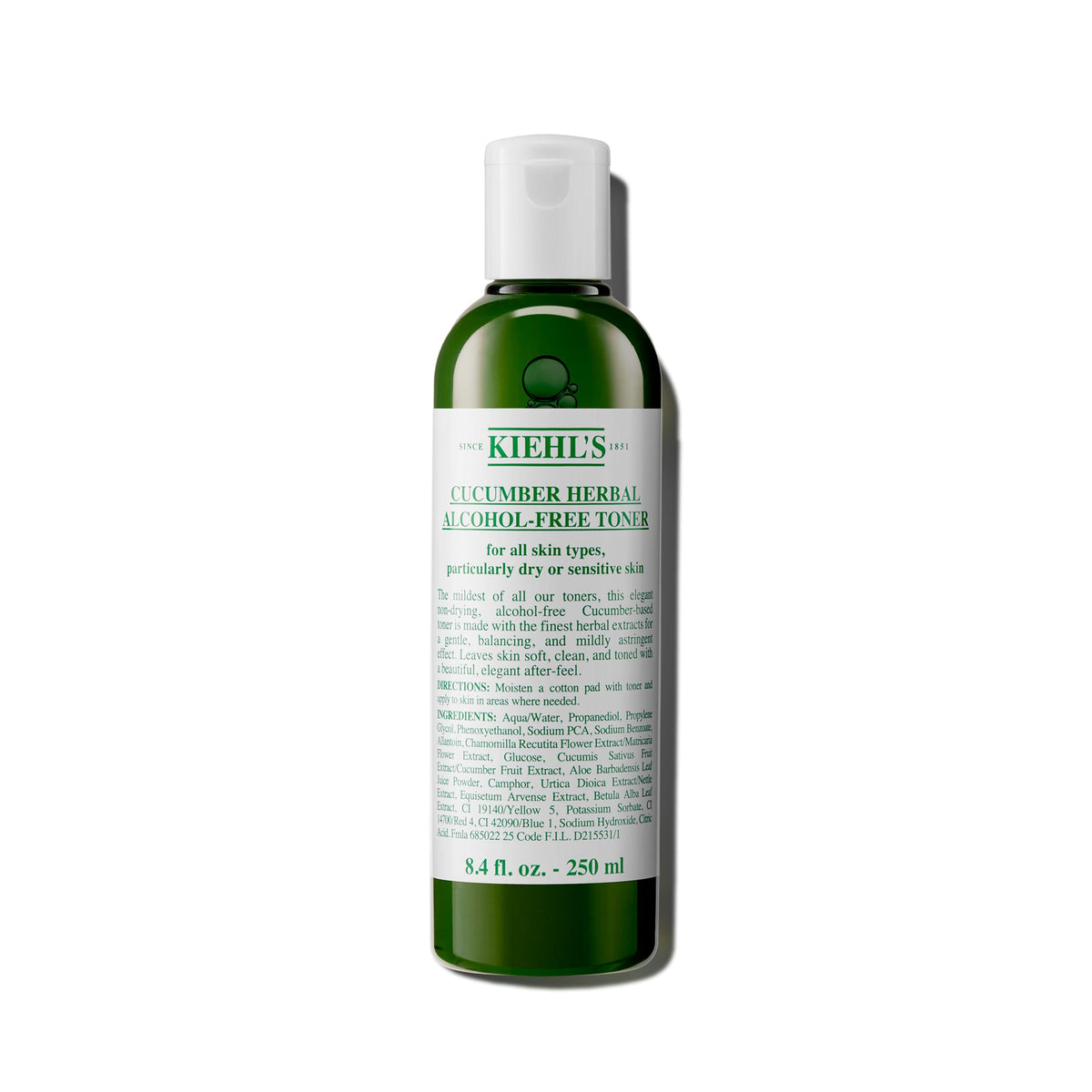 Tonique Kiehl's Concombre dans flacon, hydratant et apaisant pour peau sensible.