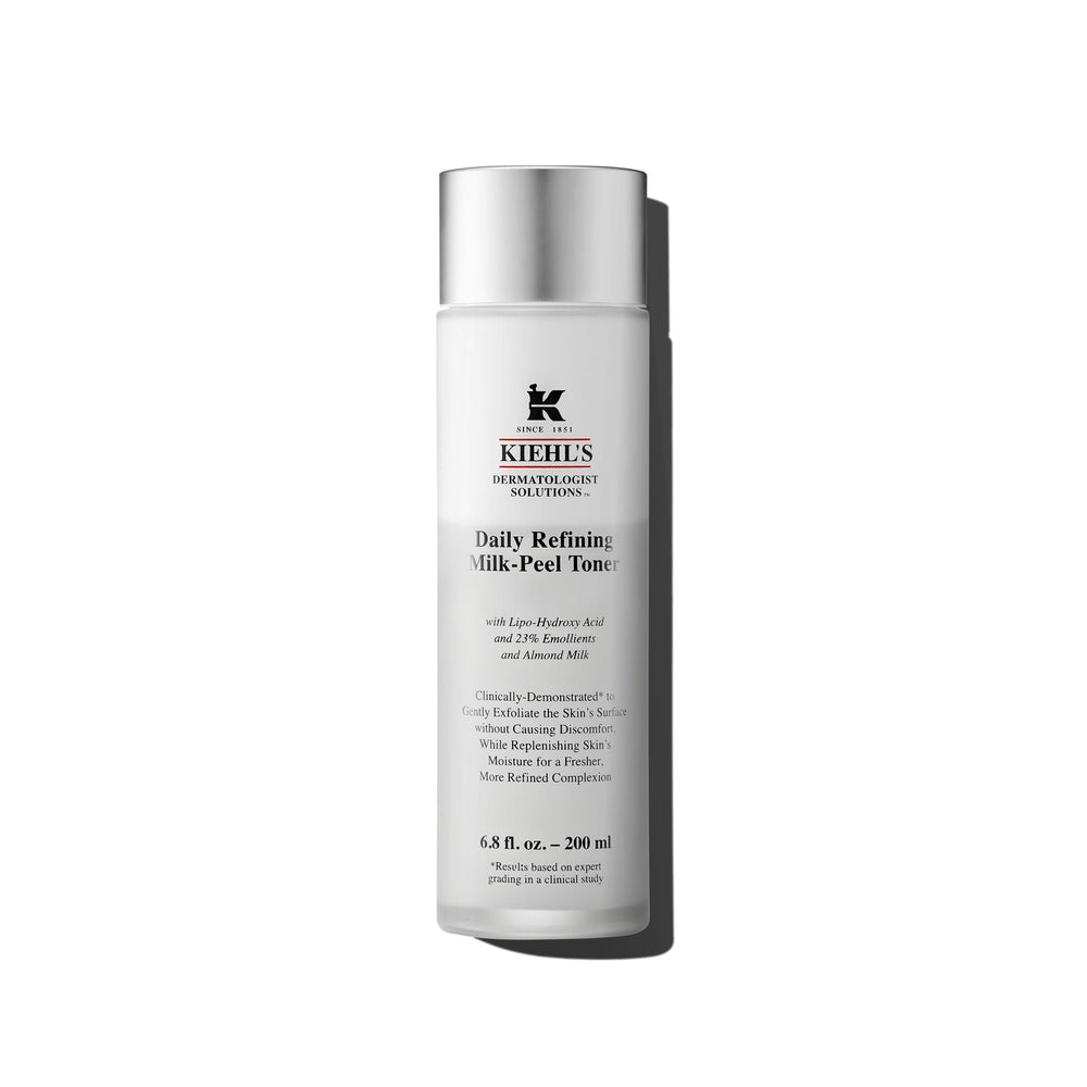 Kiehl's tonique lait-peel quotidien sur flacon, peau plus lumineuse et douce.