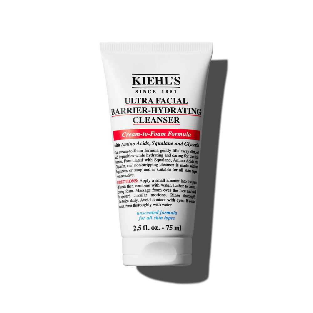 Kiehl's Ultra Facial Barrier-Hydrating Cleanser – bouteille, nettoyage en douceur et hydratation immédiate.