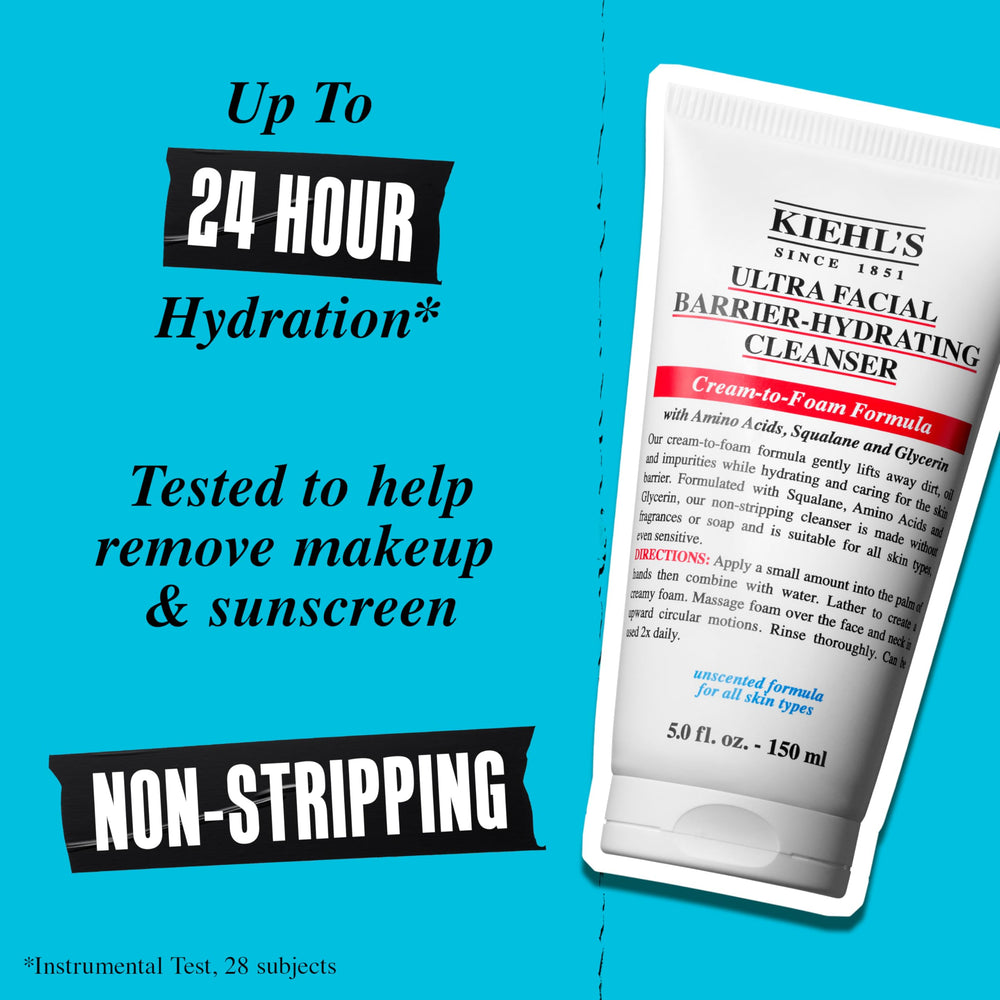 Kiehl's Ultra Facial Barrier-Hydrating Cleanser – mousse légère qui apaise après lavage.