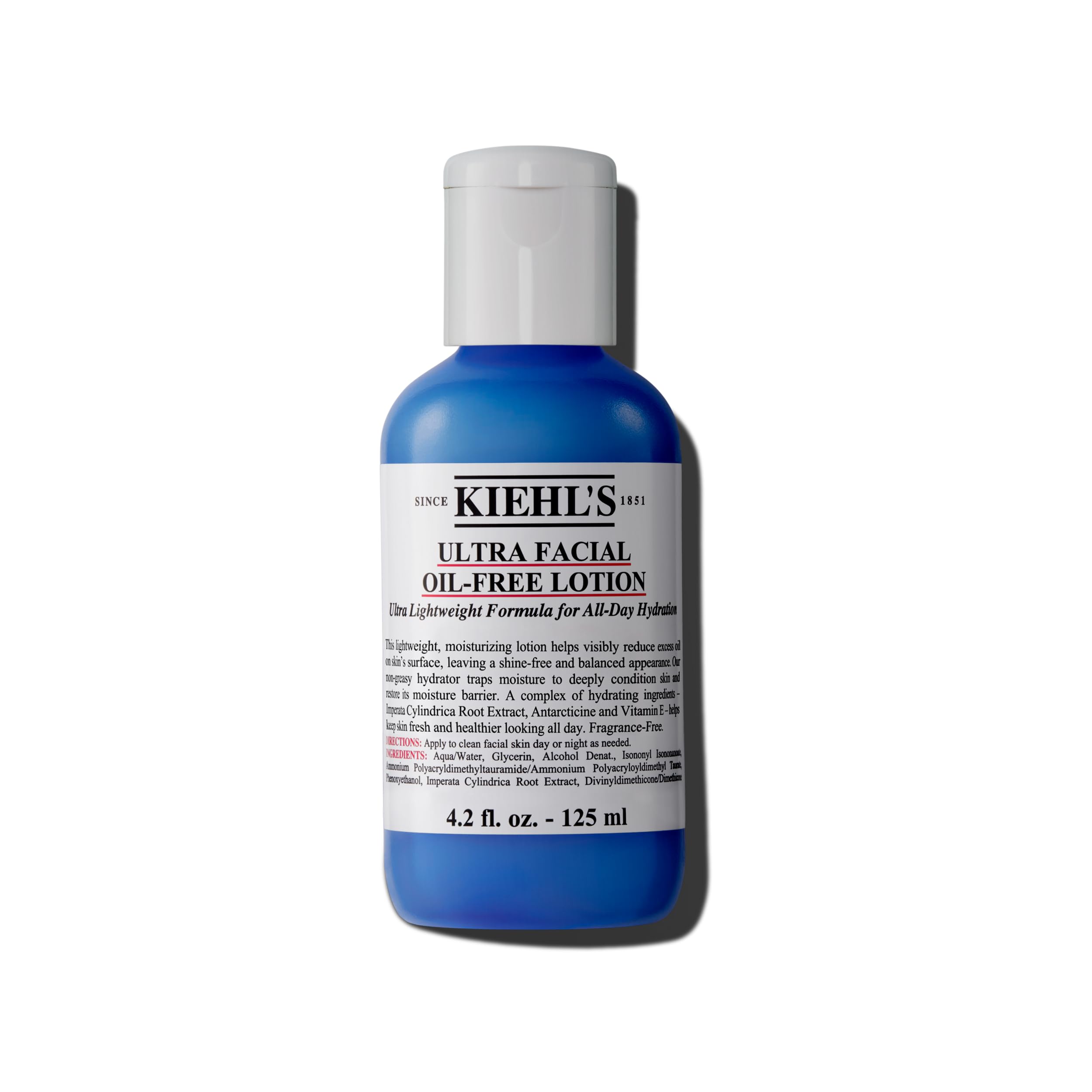 Kiehl's Ultra Facial Lotion sans huile — bouteille du produit, texture légère et prête à l'emploi.