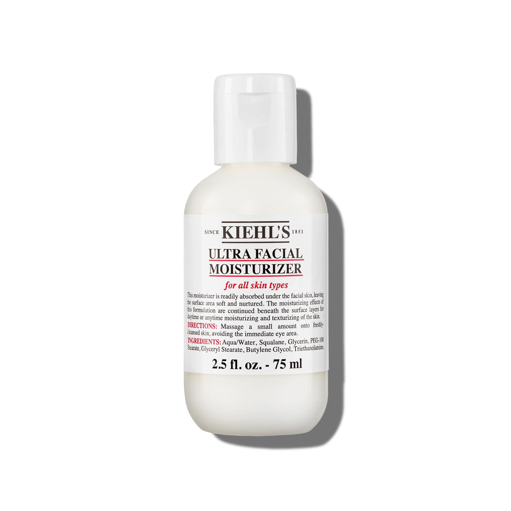 Kiehl's Ultra Facial Moisturizer, bouteille rectangulaire, hydratation quotidienne douce et efficace.