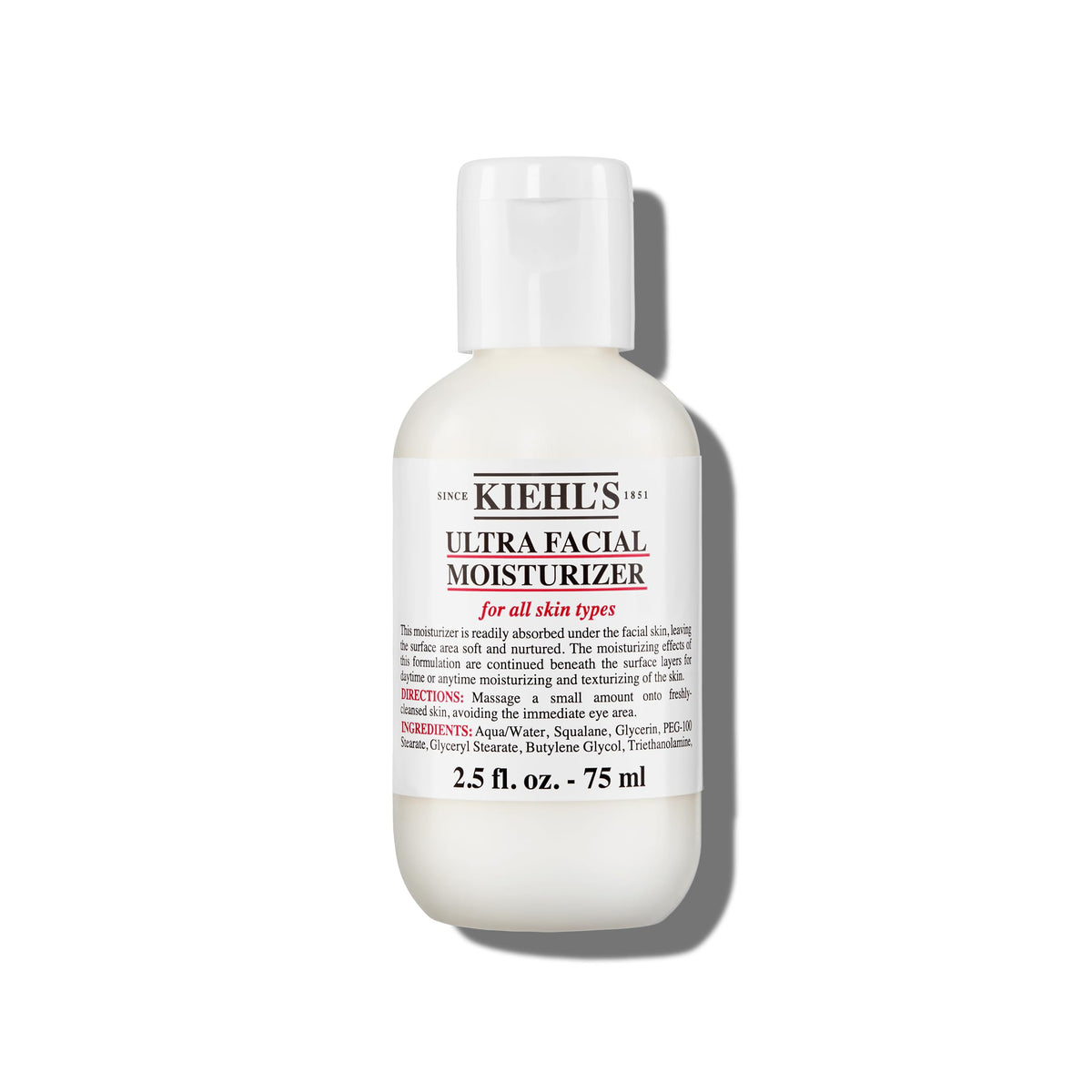 Kiehl's Ultra Facial Moisturizer, bouteille rectangulaire, hydratation quotidienne douce et efficace.