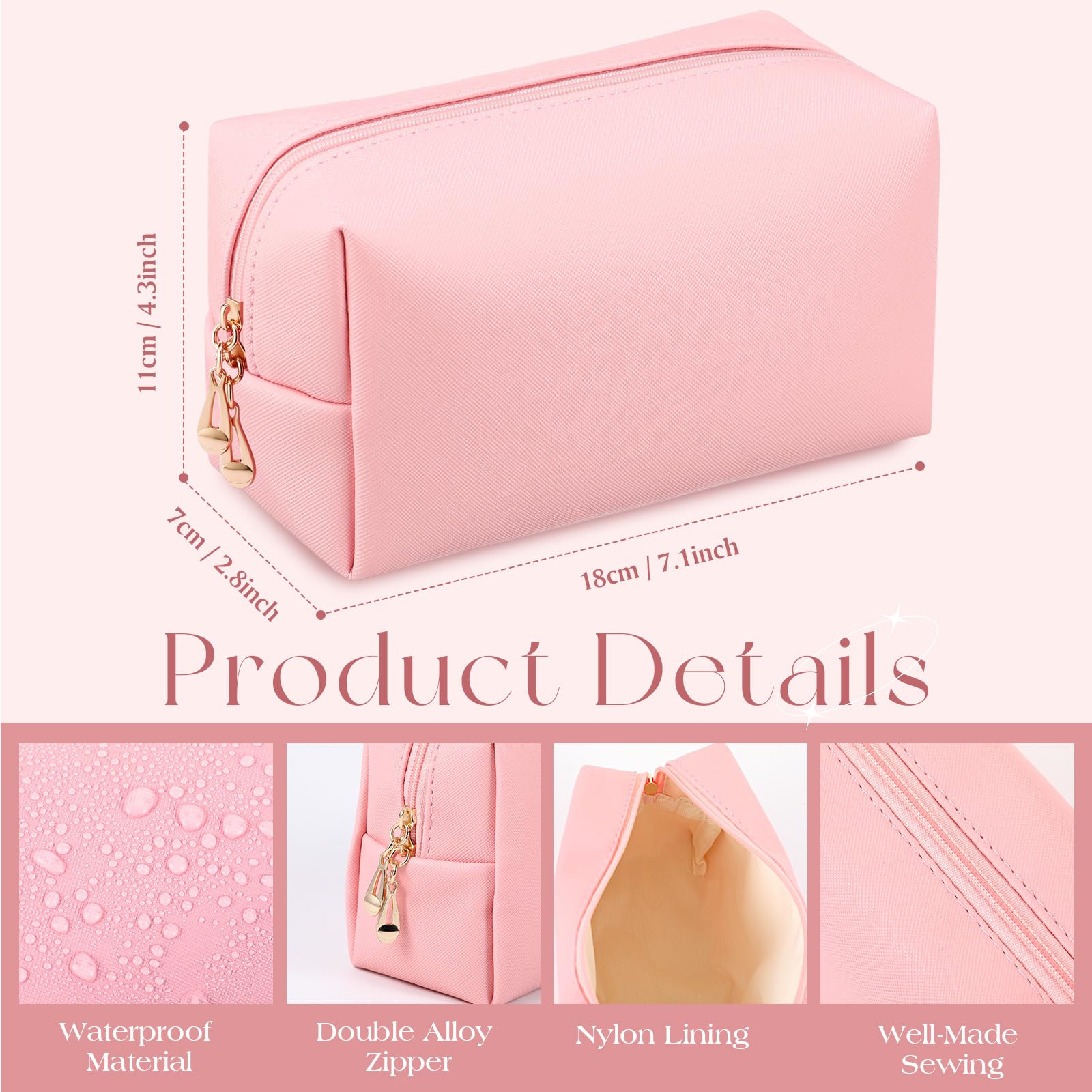 Pochette Kigeli en PU rose avec fermeture, rangement sûr pour cosmétiques et accessoires.