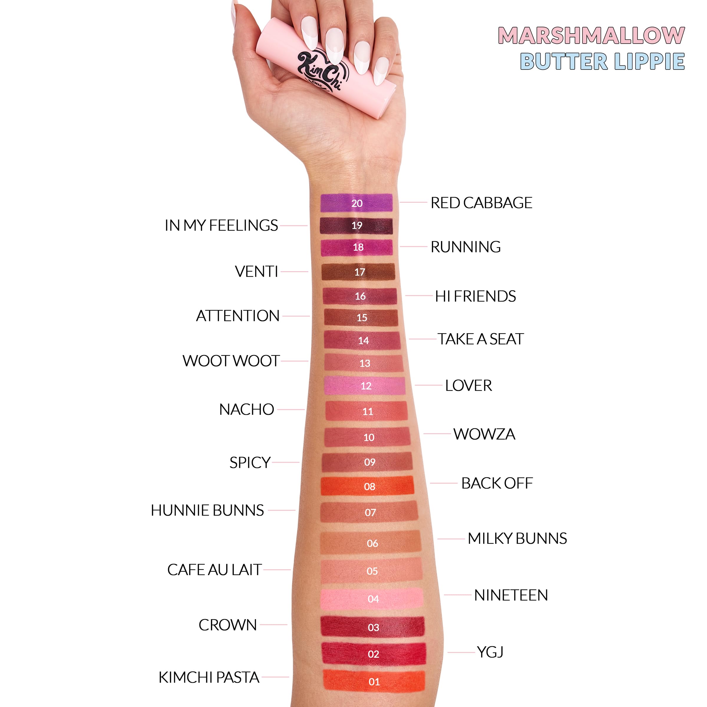 KimChiChic Marshmallow Butter Lippie on lips, bold color payoff