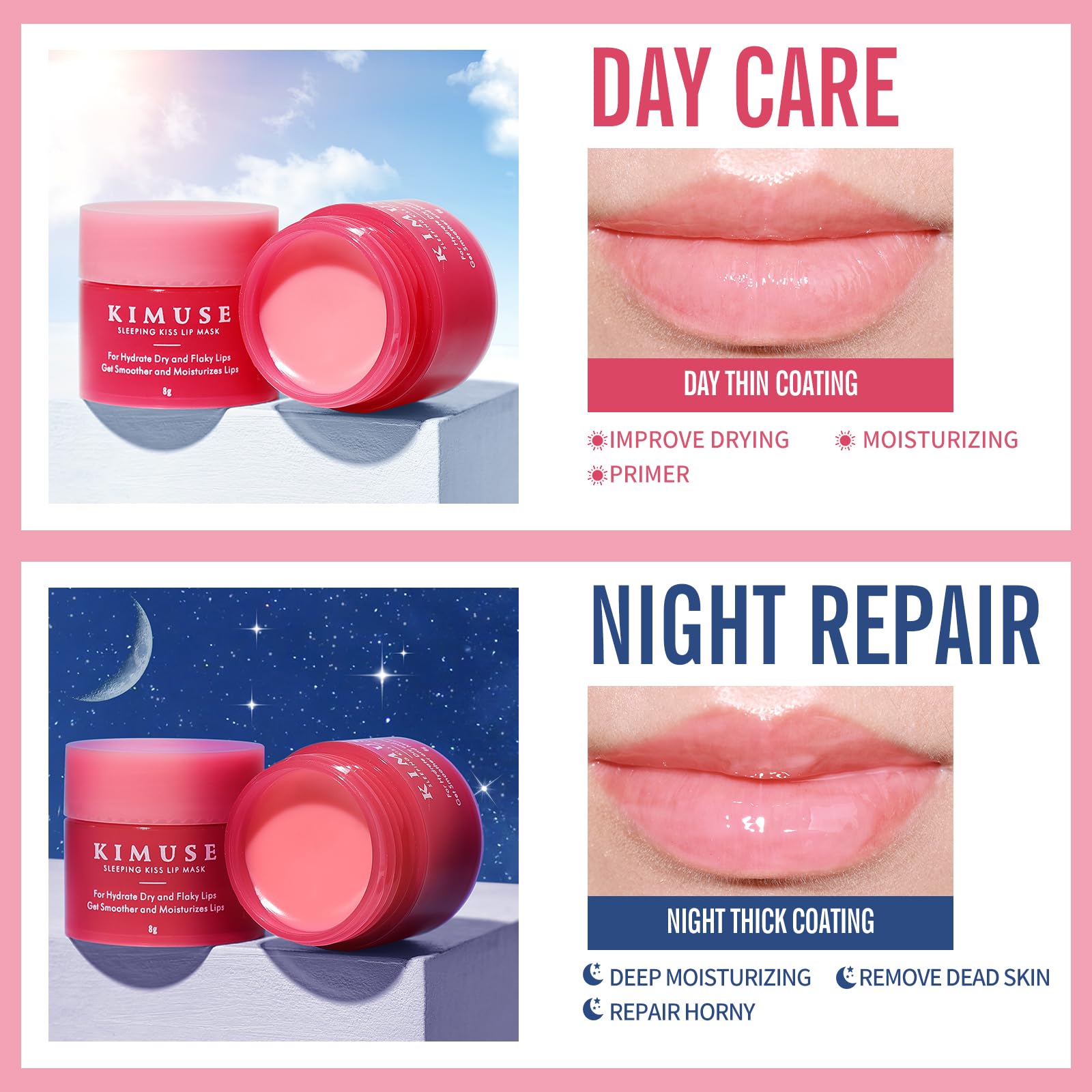 KIMUSE application sur lèvres la nuit, routine simple et efficace.
