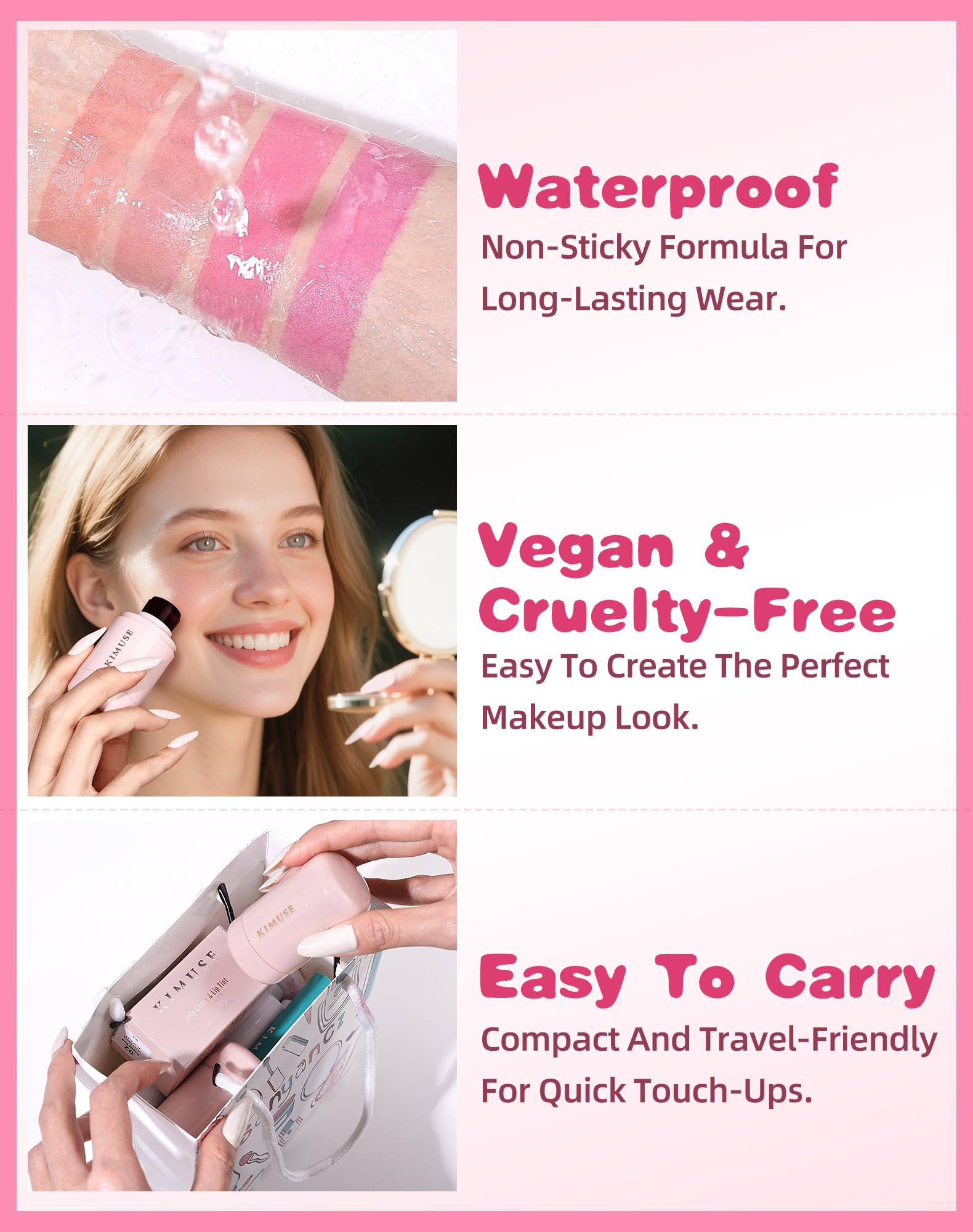 KIMUSE Jelly Tint sur lèvres et joues pour un look frais.