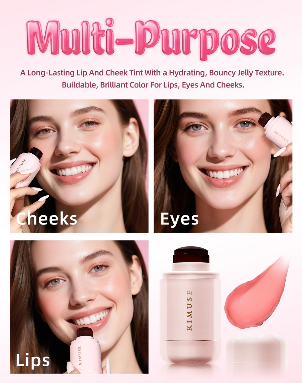 Utilisation 3-en-1 du KIMUSE Jelly Tint sur lèvres, joues et yeux.