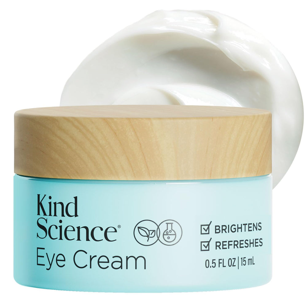 Kind Science Crème Yeux — bouteille élégante montrant l'hydratation du contour des yeux