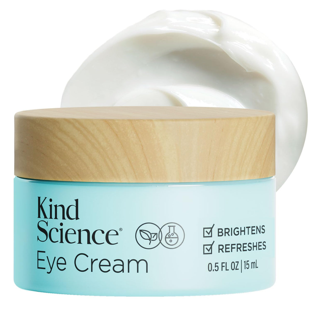 Kind Science Crème Yeux — bouteille élégante montrant l'hydratation du contour des yeux