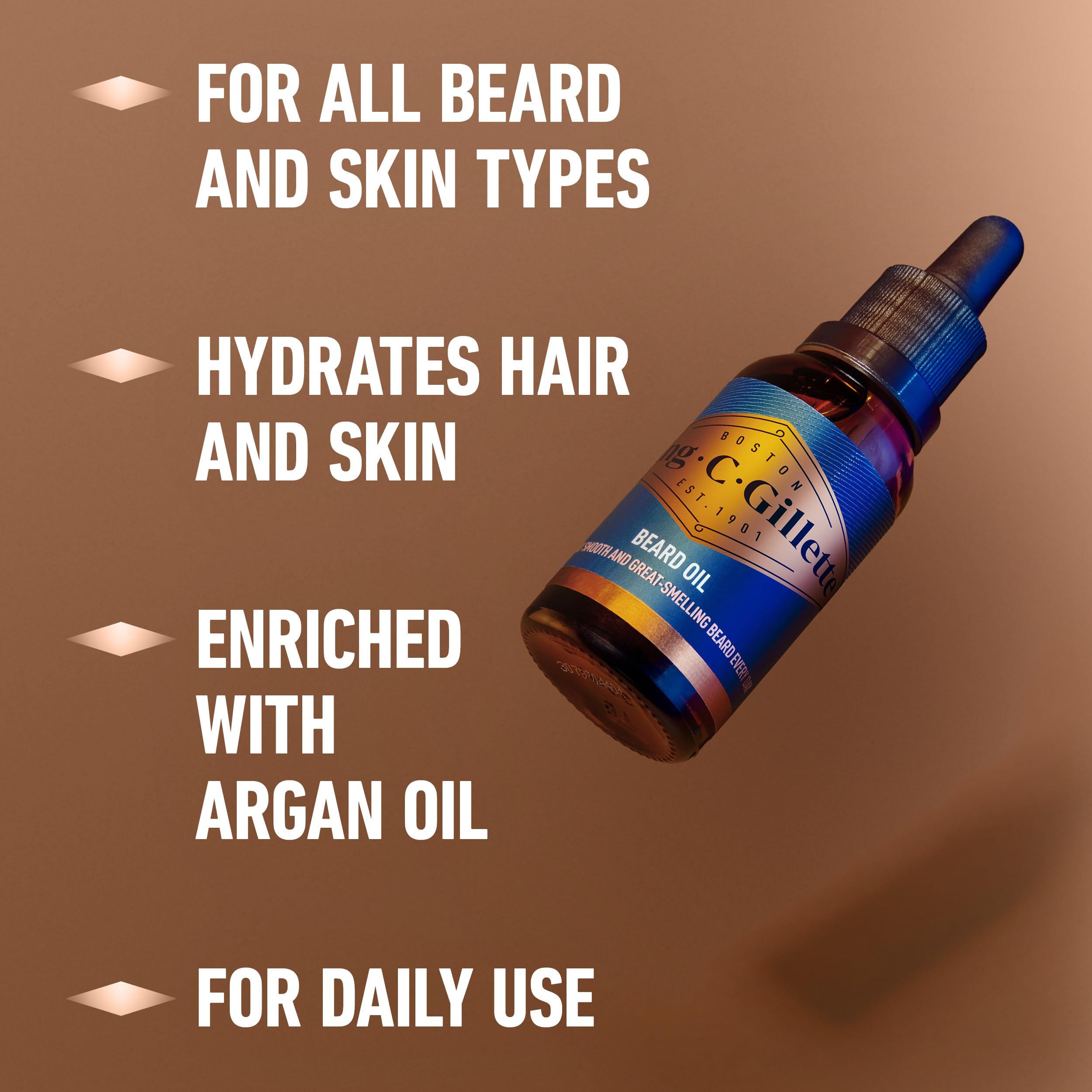 King C. Gillette Huile Barbe appliquez quelques gouttes pour un soin optimal.