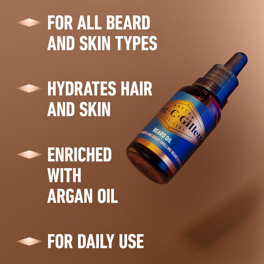King C. Gillette Huile Barbe appliquez quelques gouttes pour un soin optimal.