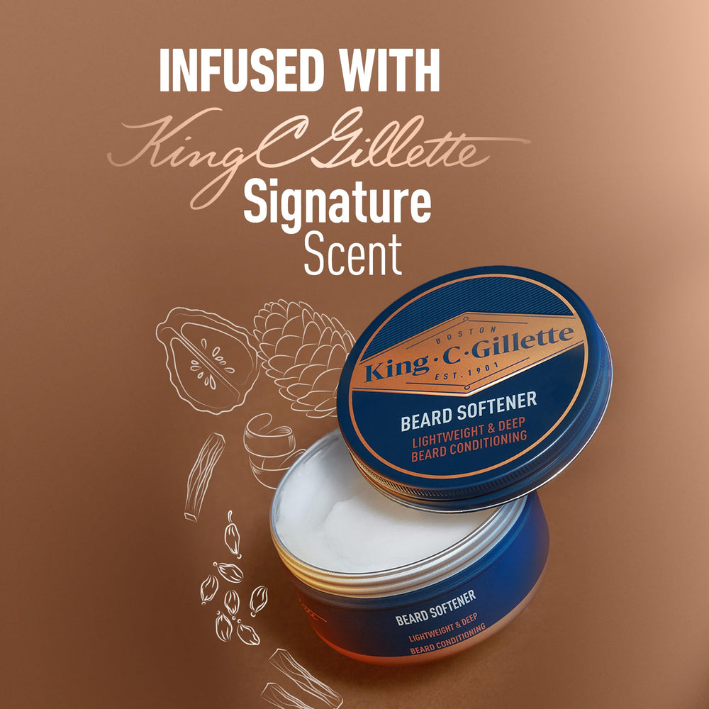 King C. Gillette Soft Beard Balm application sur barbe humide pour douceur.