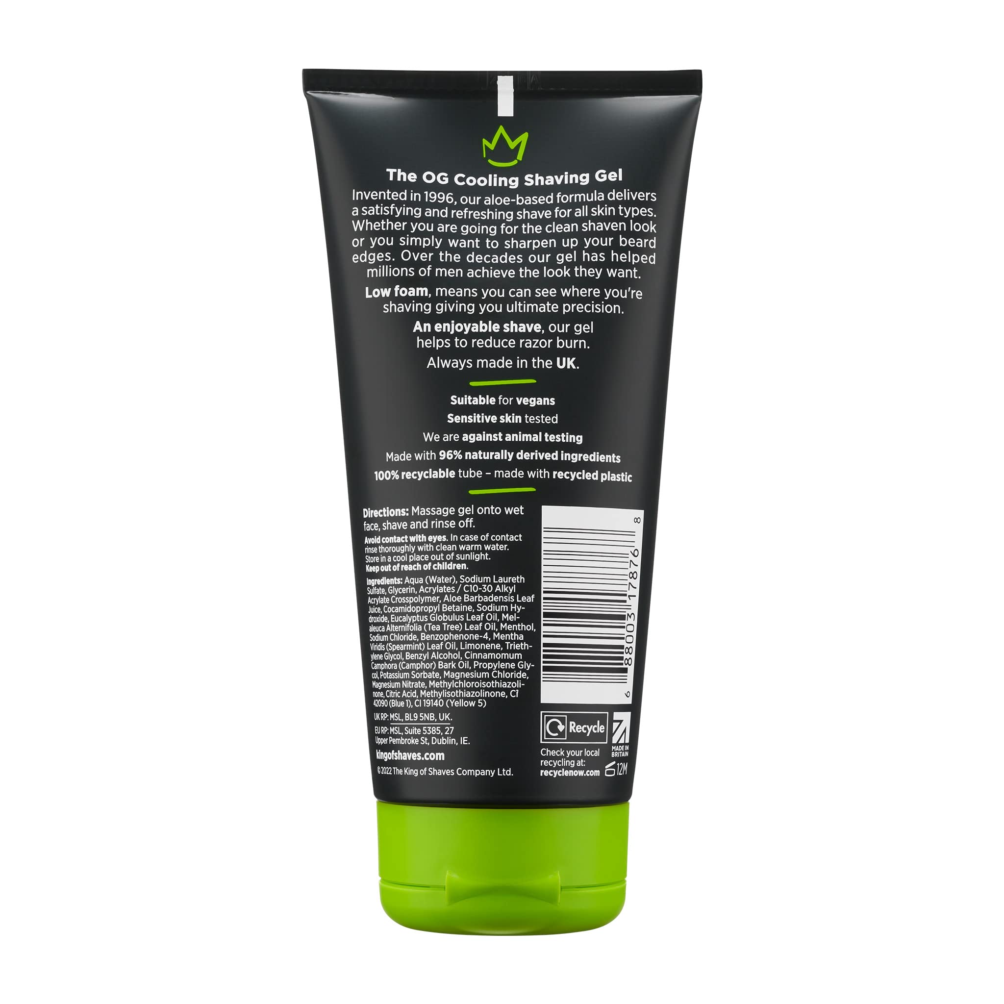King of Shaves bouteille gel rasage clarte menthol aloethe tree pour fraîcheur