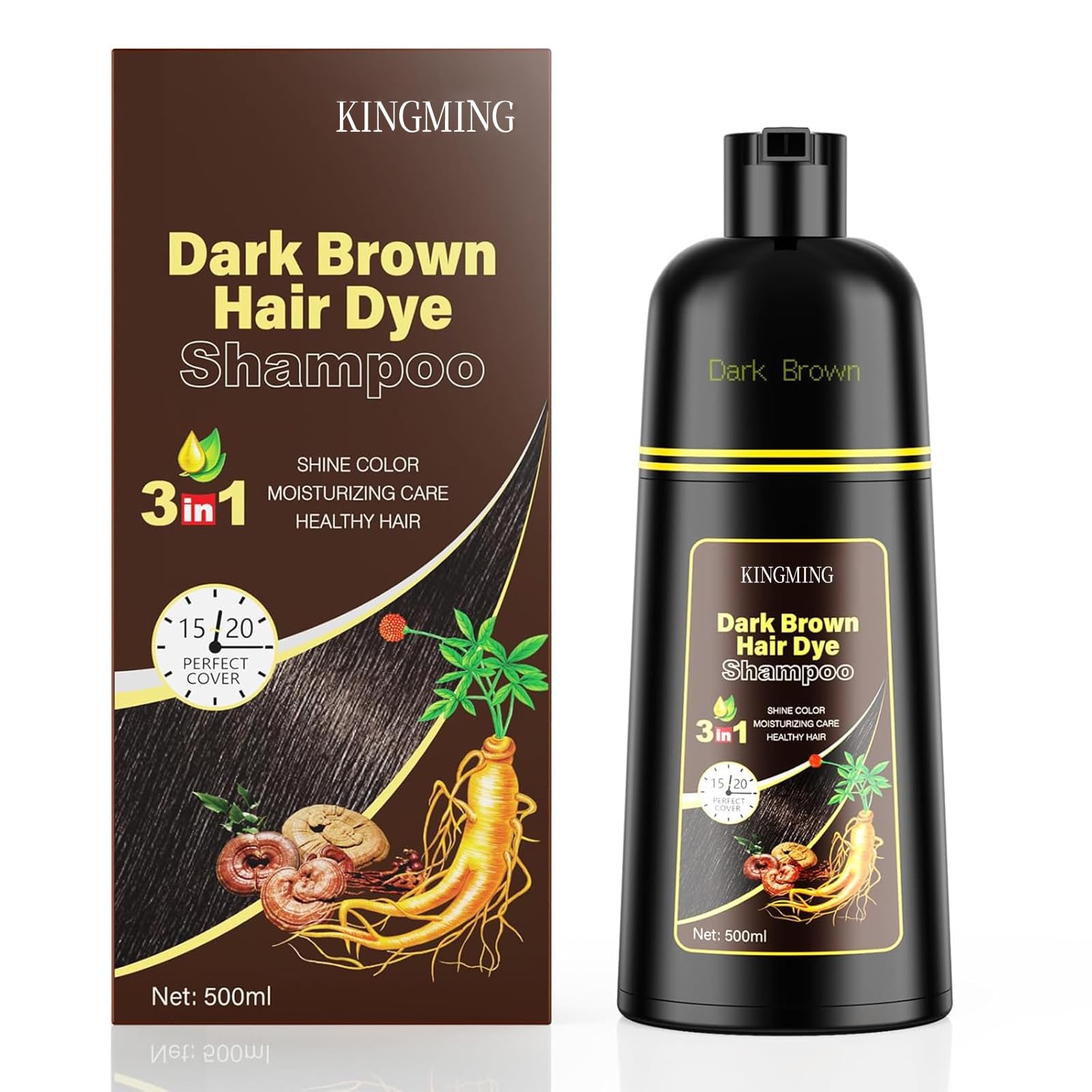 KINGMING Shampoing colorant brun foncé en bouteille prêt à l'emploi.
