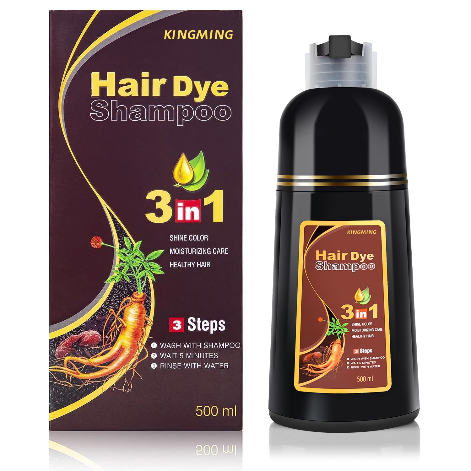 KingMing shampoo colorant brun foncé – bouteille 500 ml prête à l’emploi, couverture grisonnement.