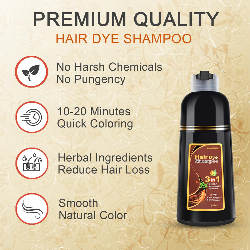 Massage doux avec le Shampoing colorant brun foncé KingMing pour coloration homogène.
