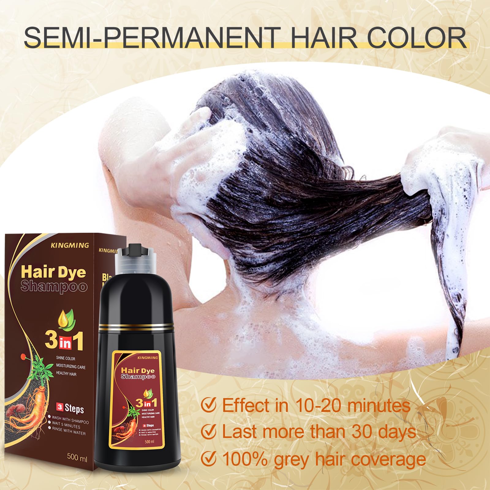 Résultat après utilisation du shampooing colorant brun foncé KingMing sur cheveux gris.