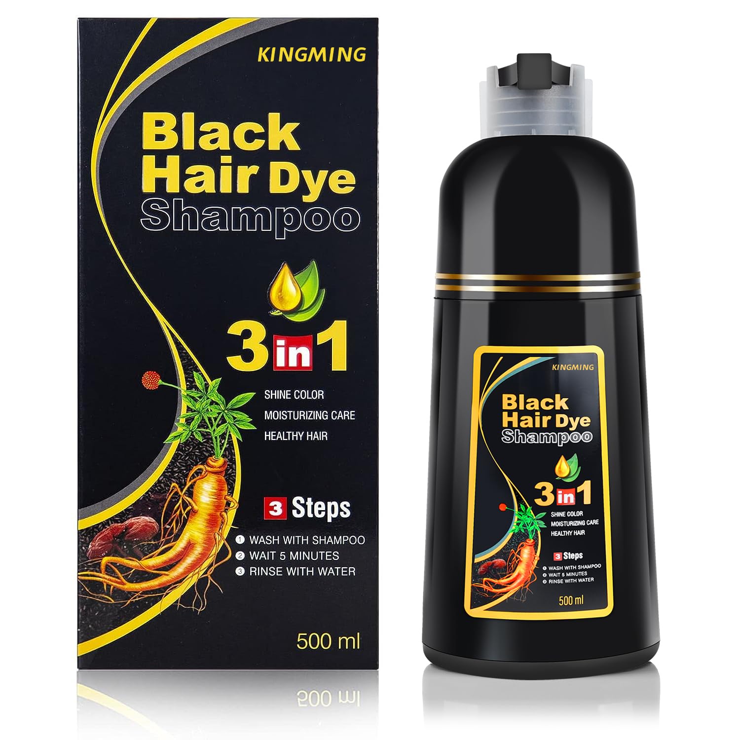 KingMing Shampoing Coloration Cheveux Noirs 100% Couverture avec résultat uniforme.