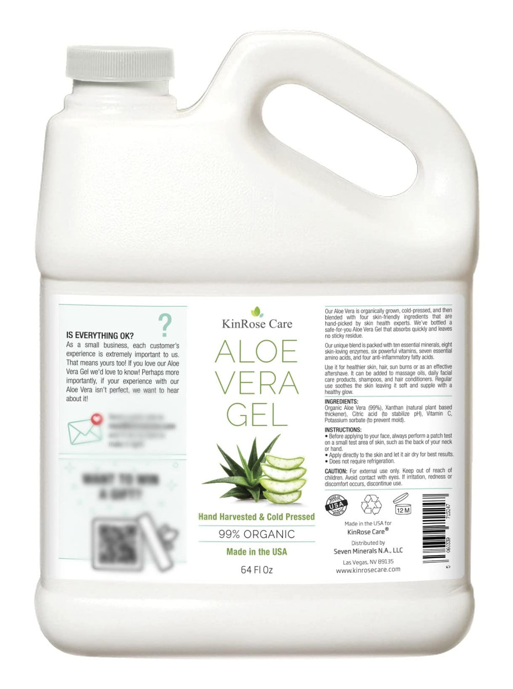 Fabriqué aux États-Unis, KinRose Care Aloe Vera, produit vegan.