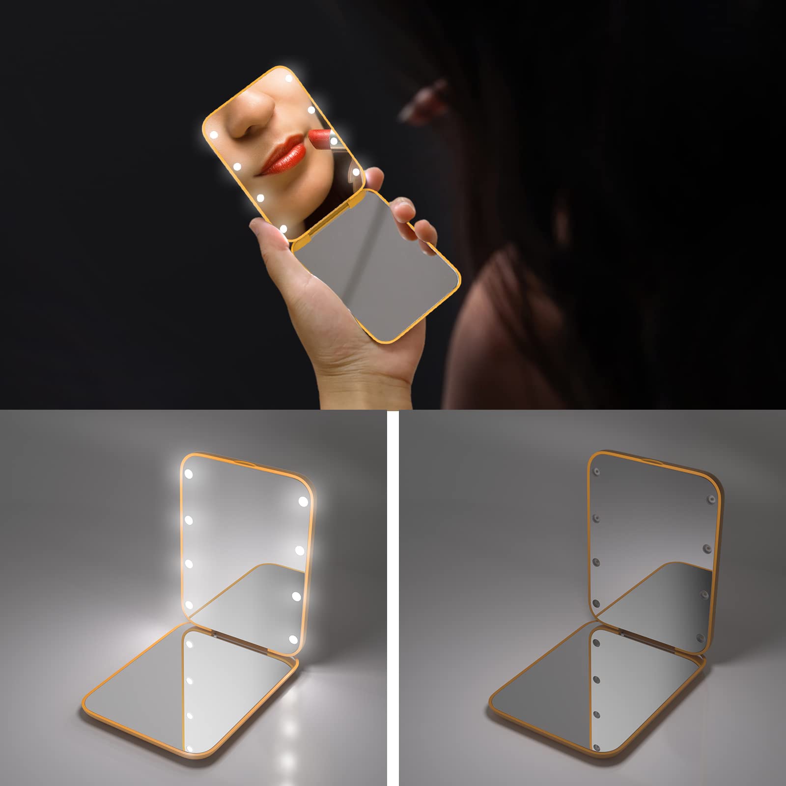 Miroir LED compact Kintion, pliable et facile à glisser dans le sac.
