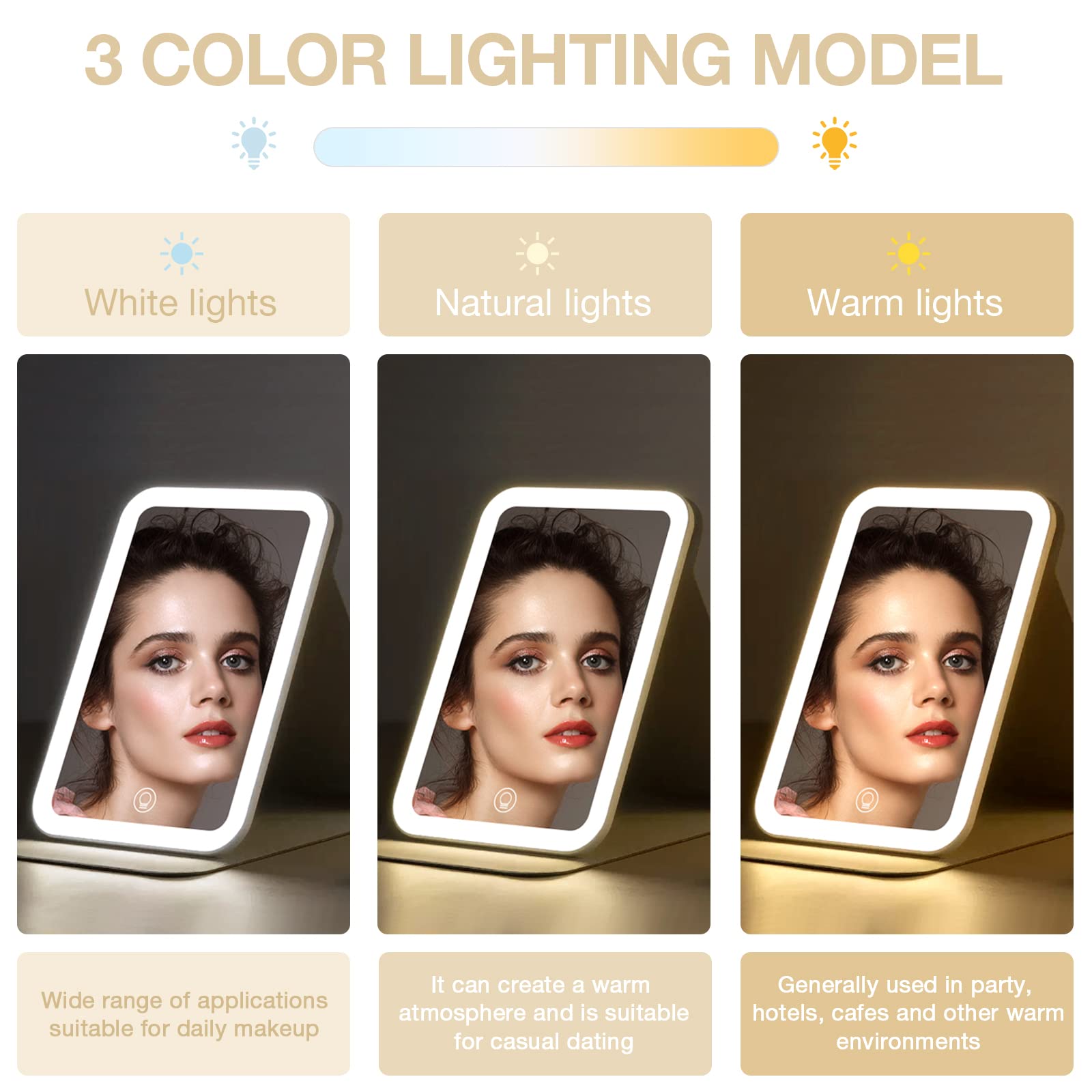 Miroir lumineux Kintion tactile dimmable pour ajuster la couleur et l’intensité.
