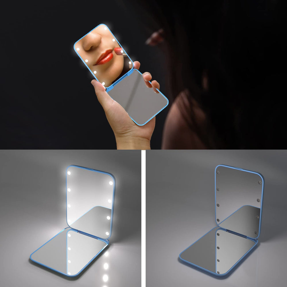 Miroir Kintion bleu, fermé et prêt à se glisser dans le sac.