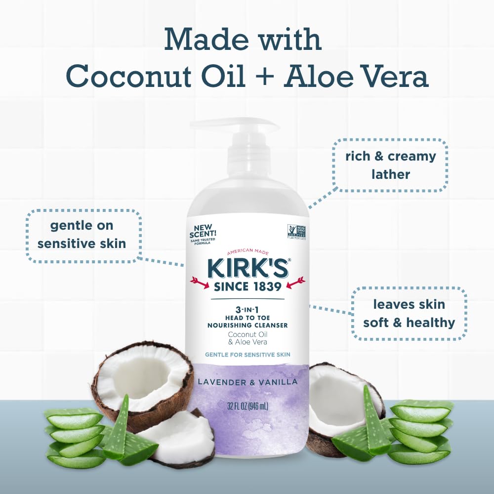 Kirk’s 3-en-1 ingrédients coco-aloe, formule hydratante et nourrissante.