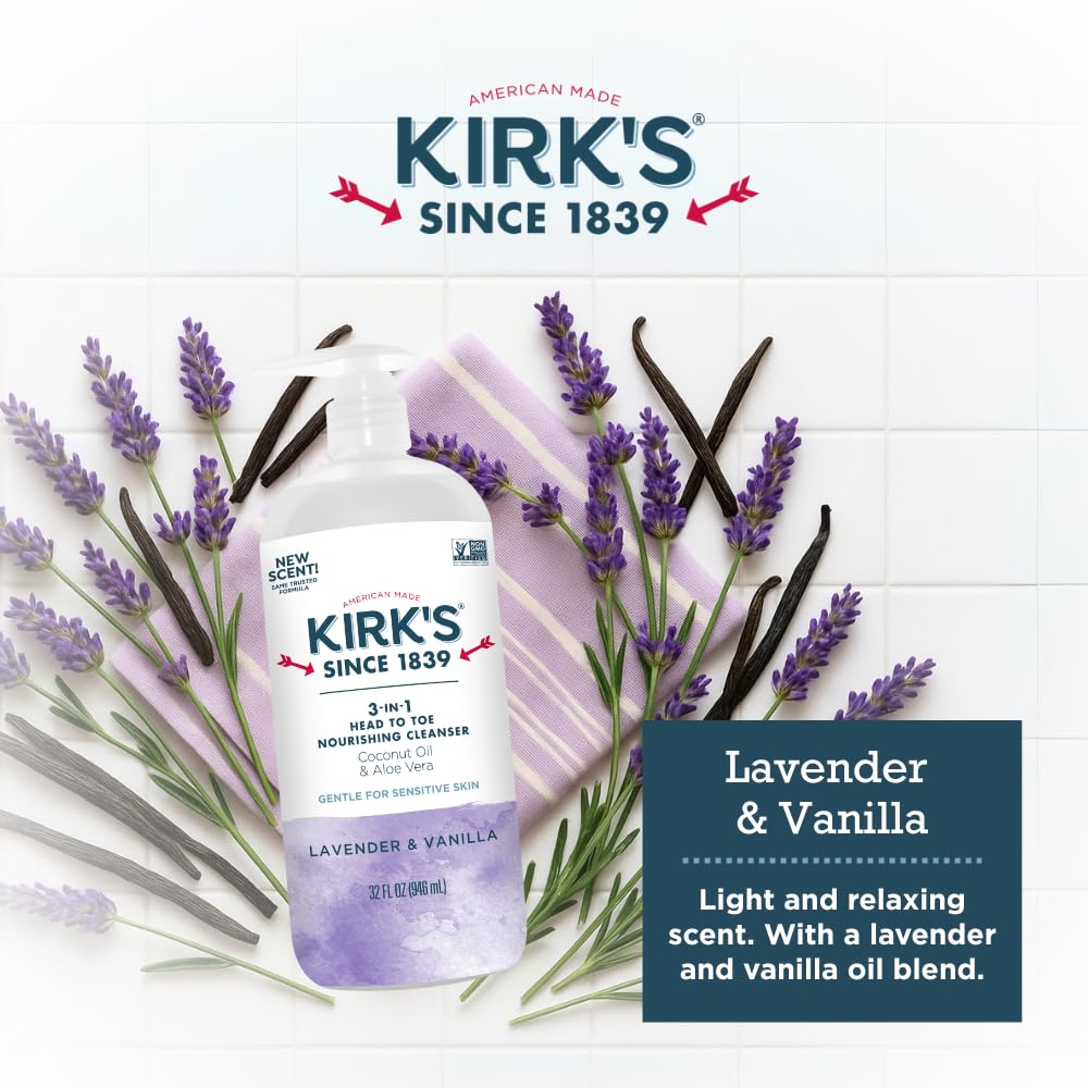 Kirk’s 3-en-1 sans sulfates et sans parabènes, peau sensible compatible.