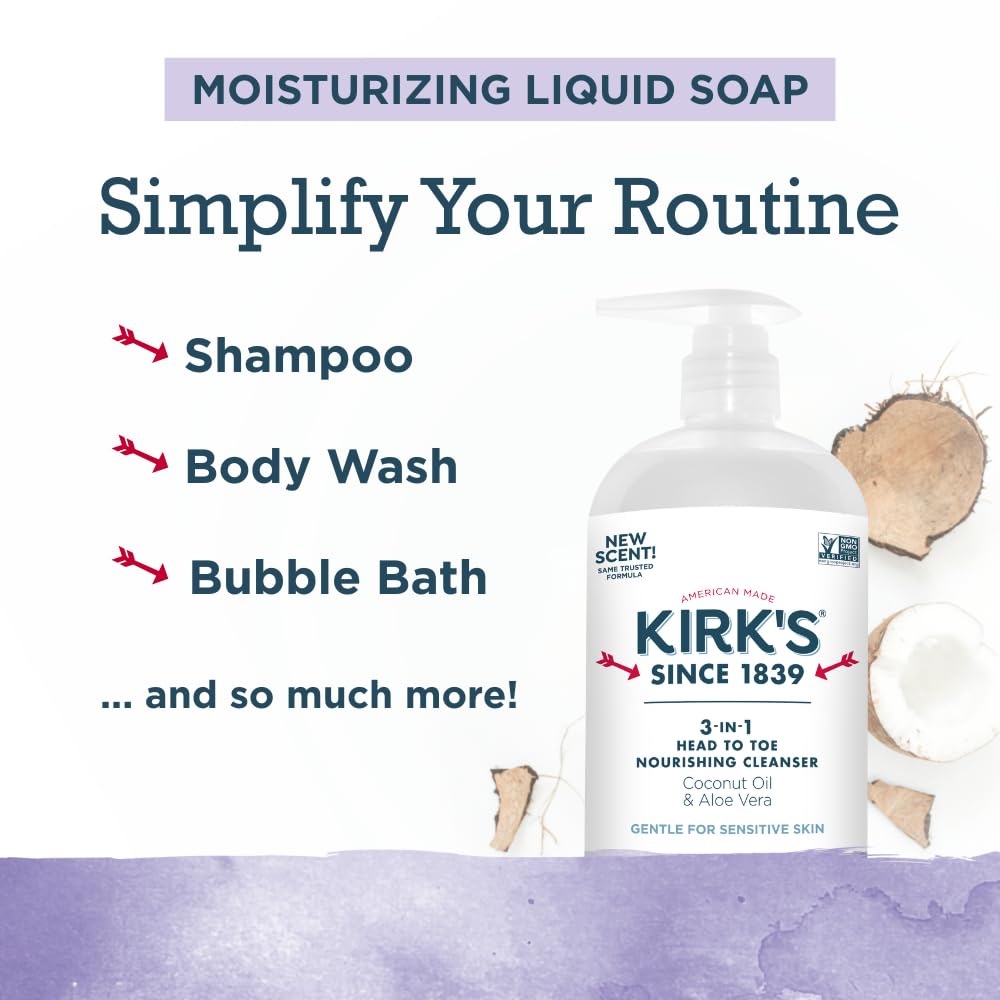 Kirk’s 3-en-1 senteur lavande-vanille, parfum doux pendant la douche.