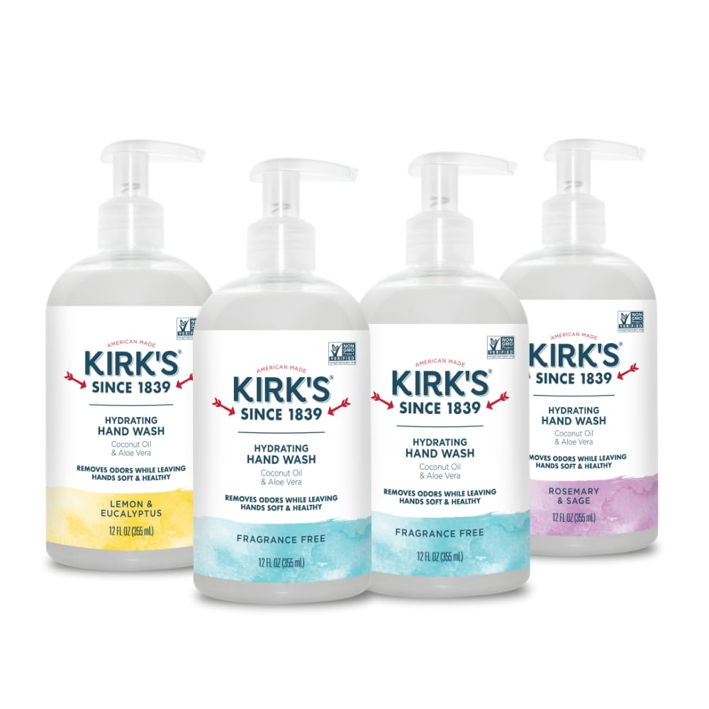 Kirk's Lavage Mains Hydratant avec pompe sur plan de travail, usage quotidien.