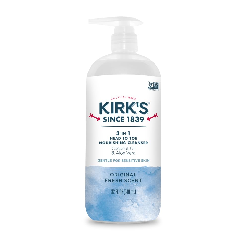 Kirk’s Nettoyant 3 en 1, bouteille-pompe pratique pour cheveux et corps.
