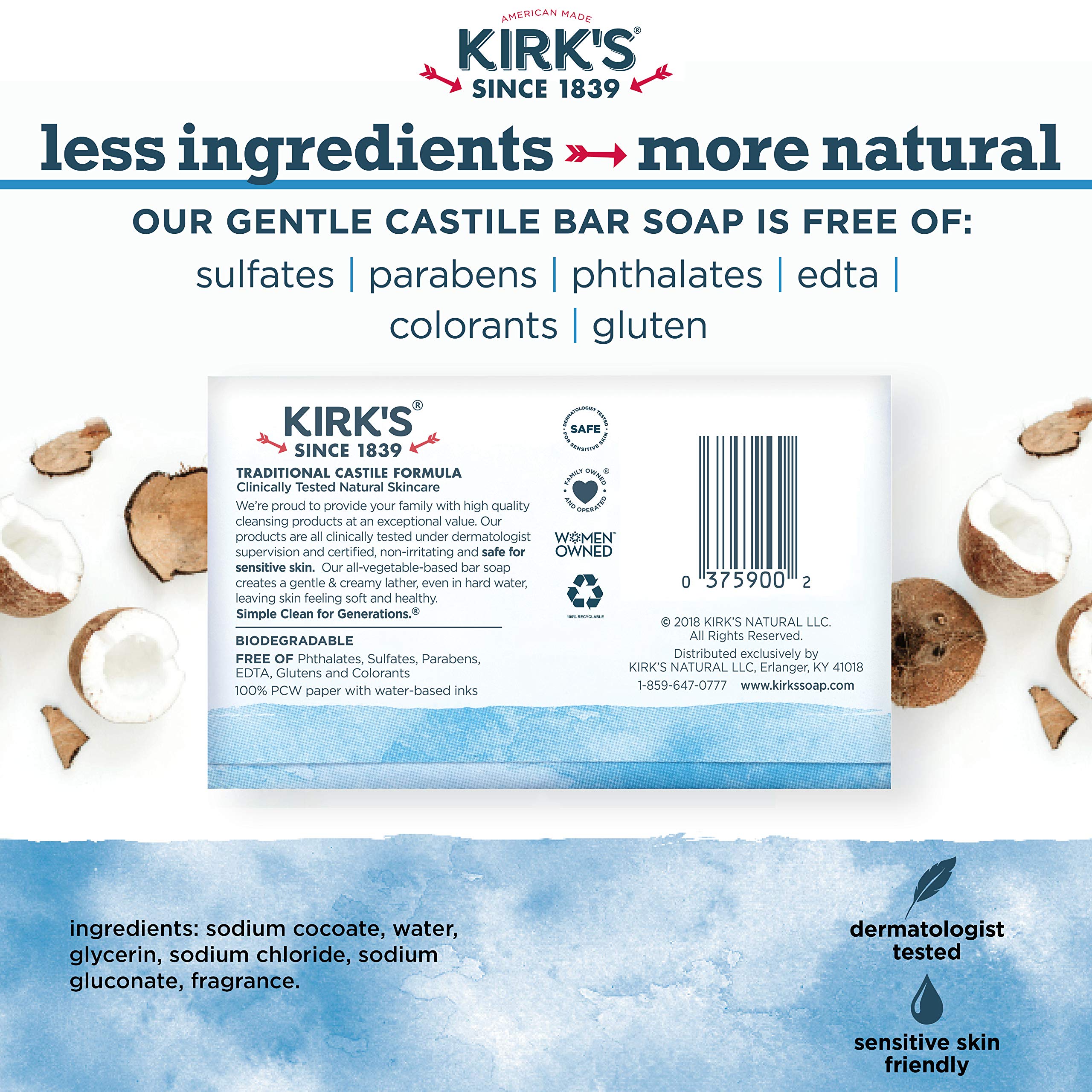Kirk's Original Coco Castile Bar – sans tests sur animaux, choix éthique.