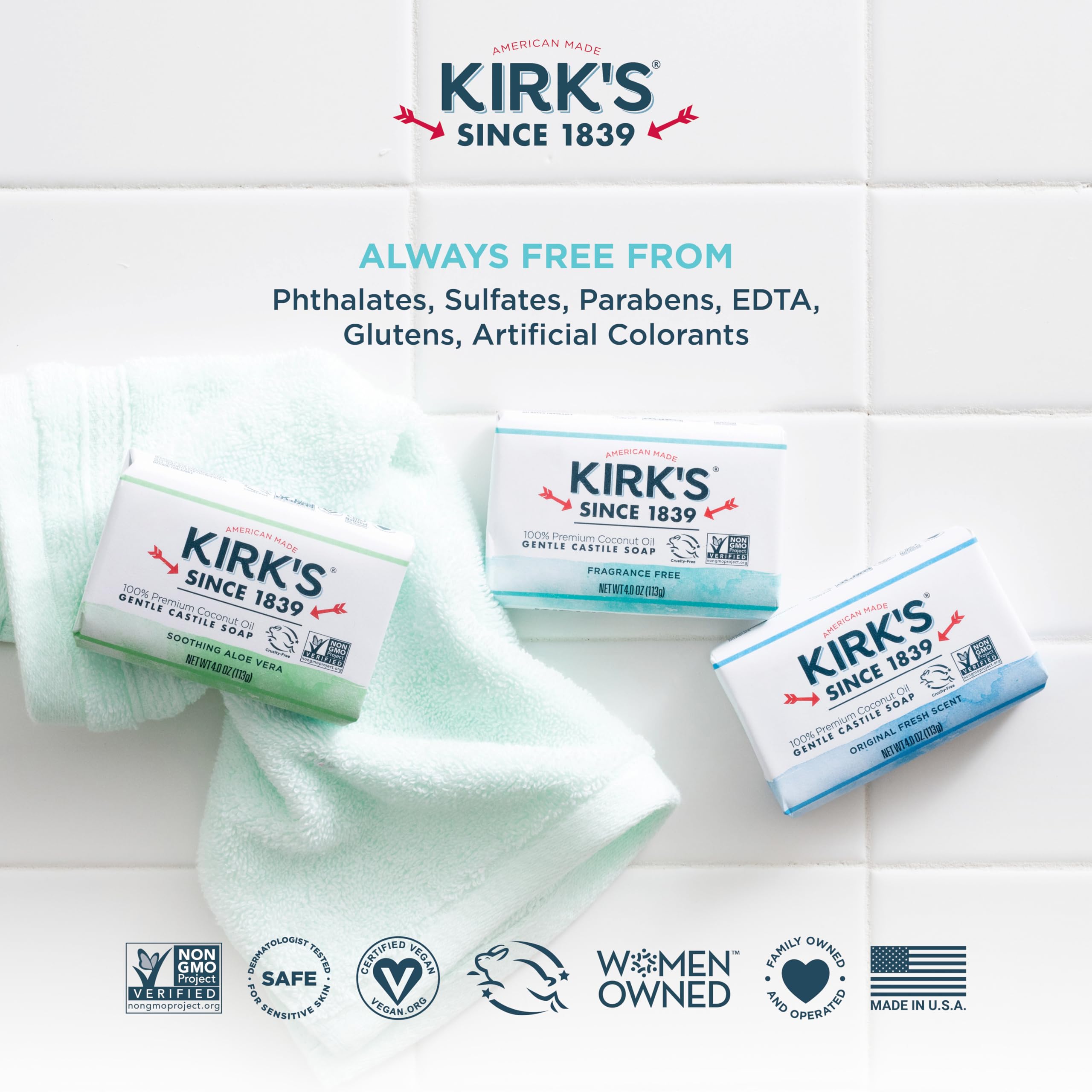 Kirk's Sans parfum, savon solide respectueux de l'environnement et facile à emporter.