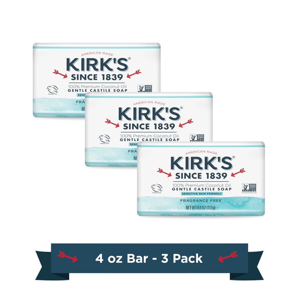 Kirk's Savon de Castille sans parfum, barre de savon, hydratation en douceur pour peau sensible.