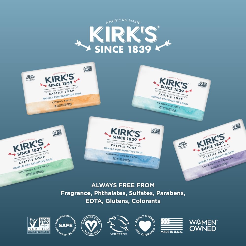 Kirk's savon castile barre solide, usage quotidien mains et corps.