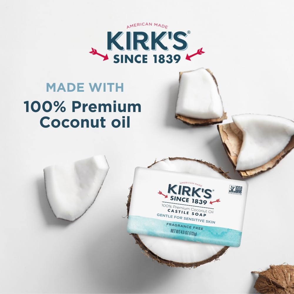 Kirk's savon castile vegan sans OGM, respectueux de la peau.