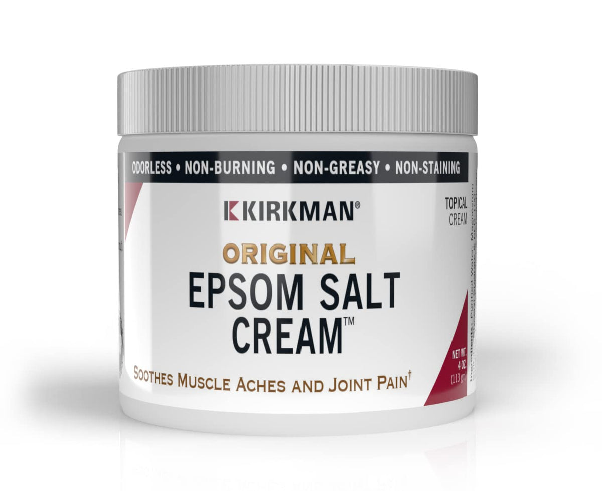 Kirkman Crème Epsom Salt 4 oz — bouteille, absorption douce, pour relaxation musculaire.