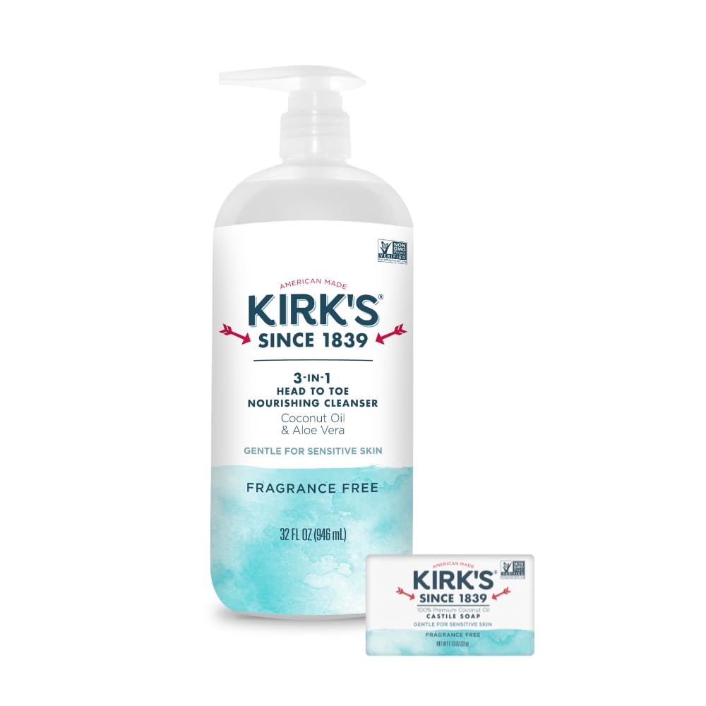 Kirk's 3-en-1 en bouteille-pompe nettoie corps et cheveux en douceur.