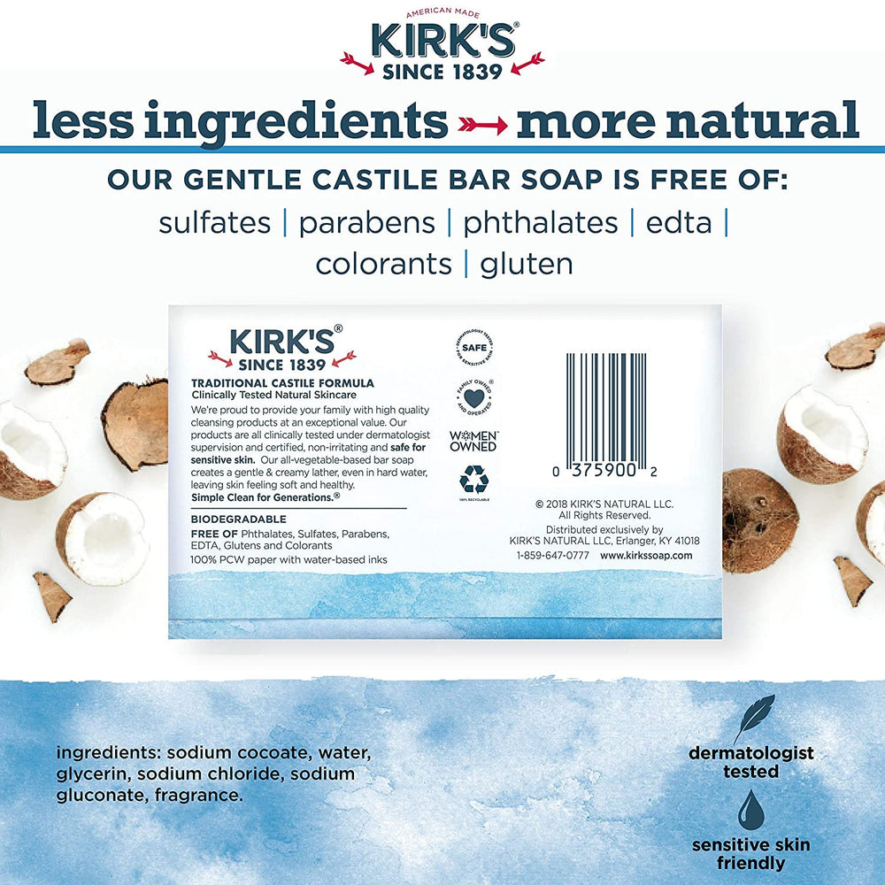 Ingrédients végétaux du savon Kirks Castile Coco Original pour une toilette simple.