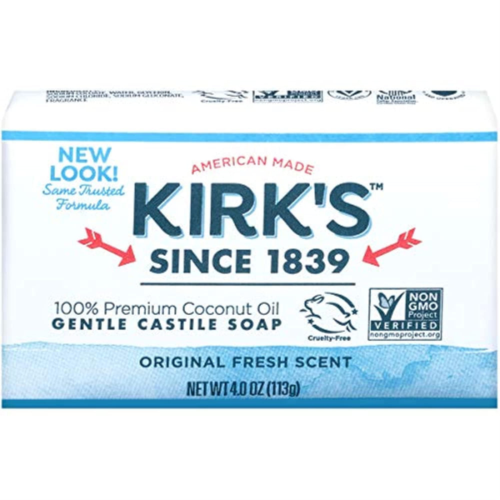 Kirk's Castile Coco Original: deux barres en paquet, solution naturelle pour une routine quotidienne.