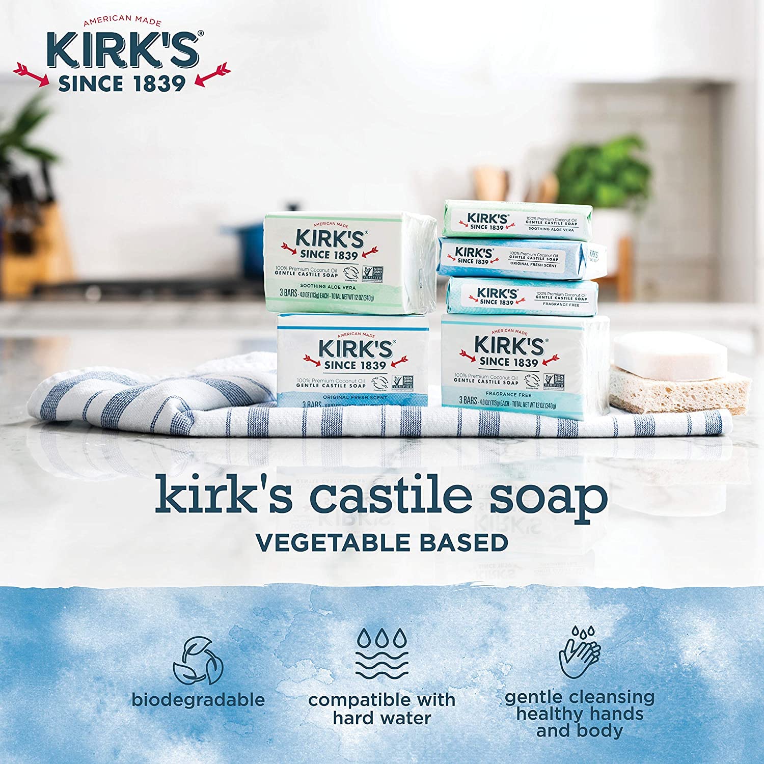 Texture crémeuse du savon Kirks Castile Coco Original, mousse riche et agréable.