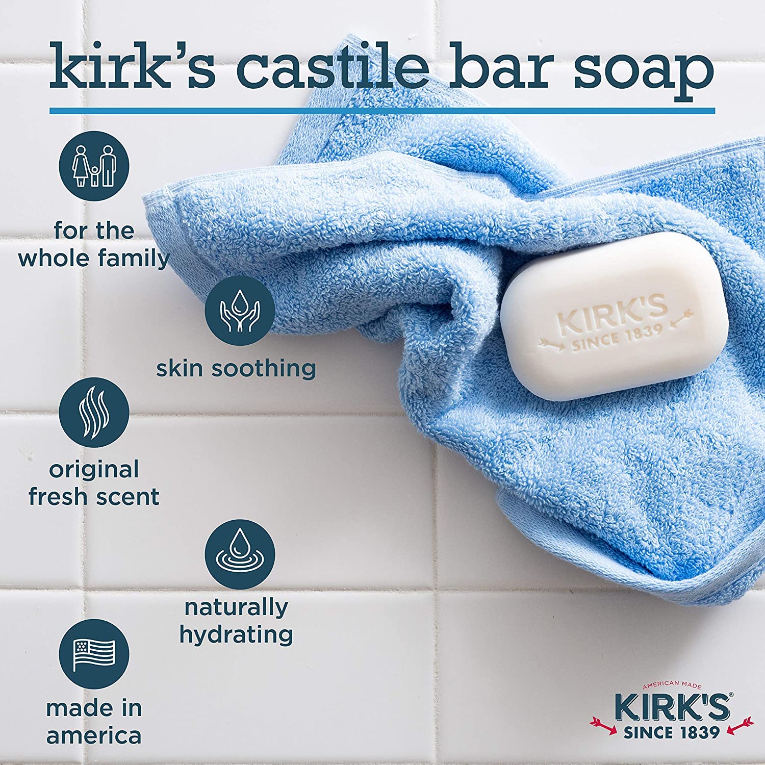 Savon Kirks Castile Coco Original utilisé sur les mains pour nettoyer en douceur.