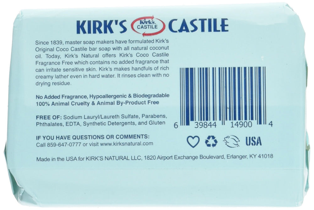 Kirks Coco Castille sans parfum, barre de savon adaptée au quotidien.