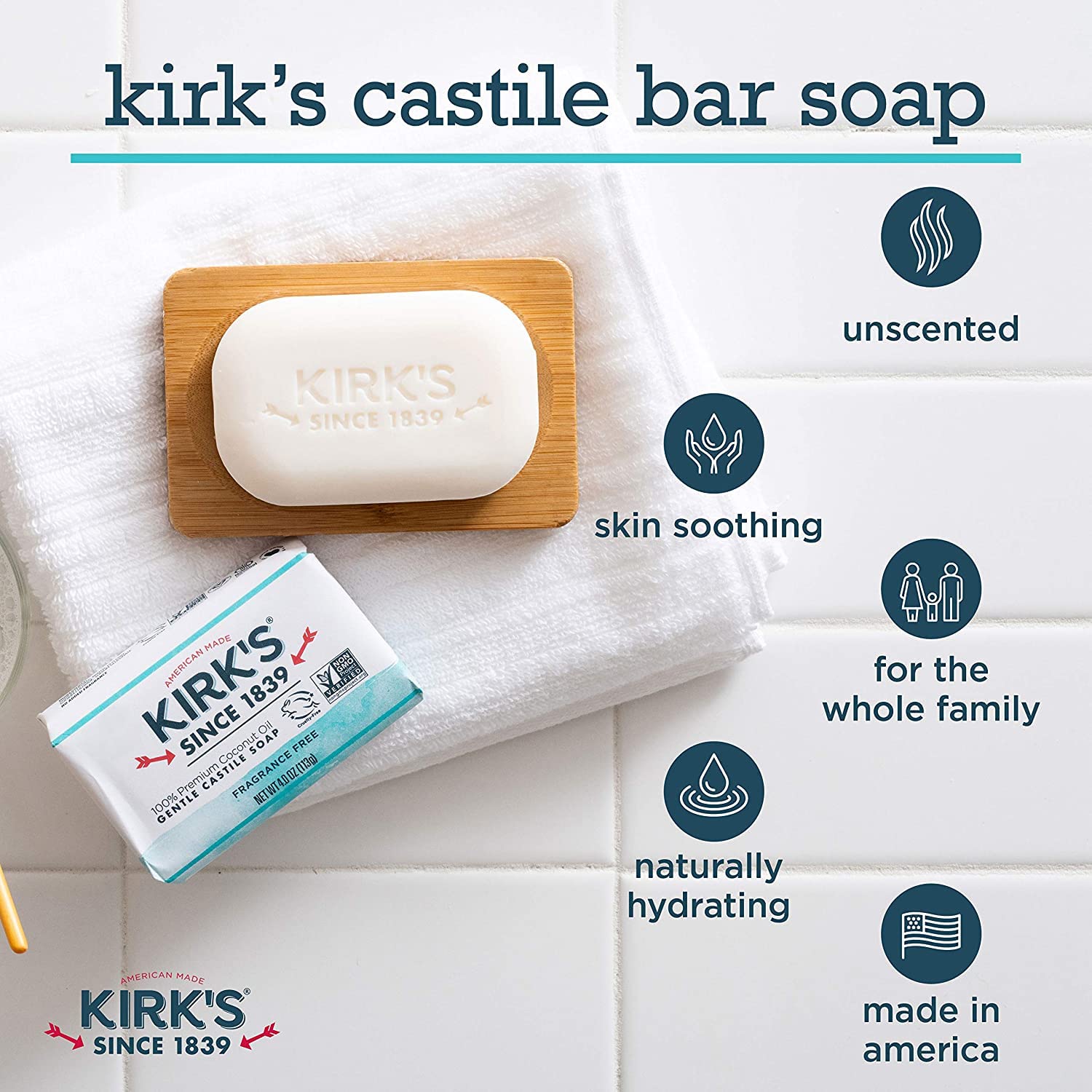 Barre de savon solide Kirk's Coco Castile sans parfum, texture riche et naturelle